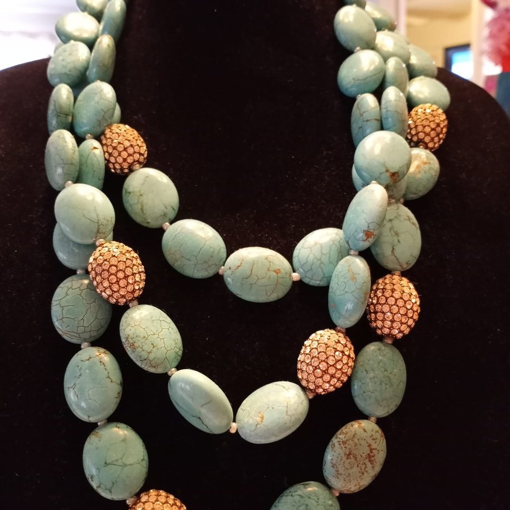 HEIDI DAUS 3 strand TURQUOISE & RHINESTONE NECKLACE with original tag $259.95